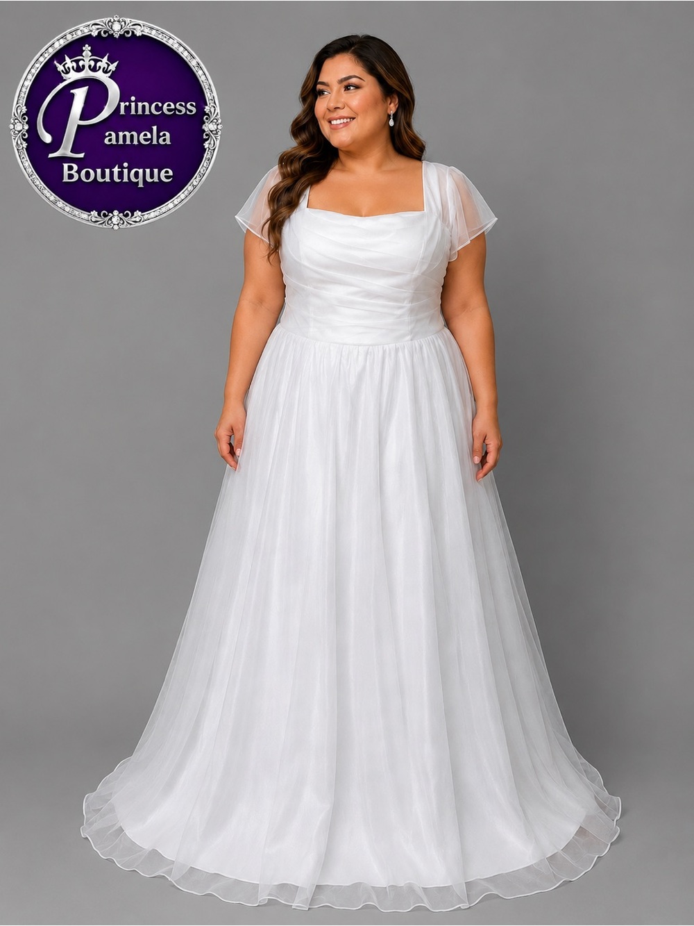 #W 3-14 White tulle overlay & wide organza sleeves Wedding Dress.  2X/Size 20